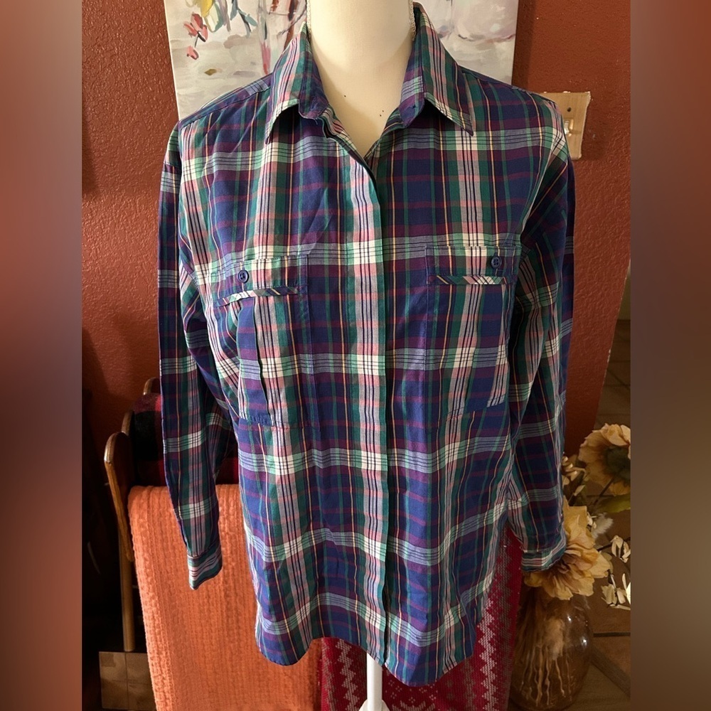 Partners By Mervyns Vintage Plaid Cotton Blend Button Up Shirt Size 14 Womens